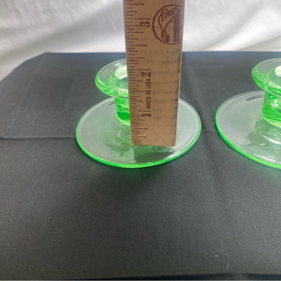 Vintage Round Uranium Glass Candle Holders 3.5 Inches Set Of 2 Glows - Picture 10 of 10